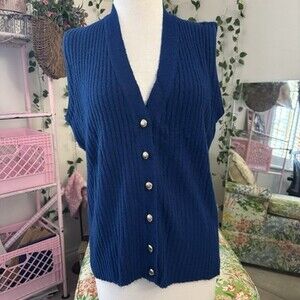 Vintage 70s Royal Blue Nan Dorsey Blue Ribbed Sweater Vest Button Front